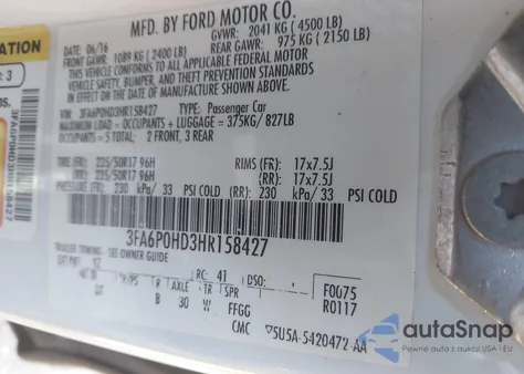 2017 Ford Fusion Se z USA, uszkodzony, nr VIN 3FA6P0HD3HR158427